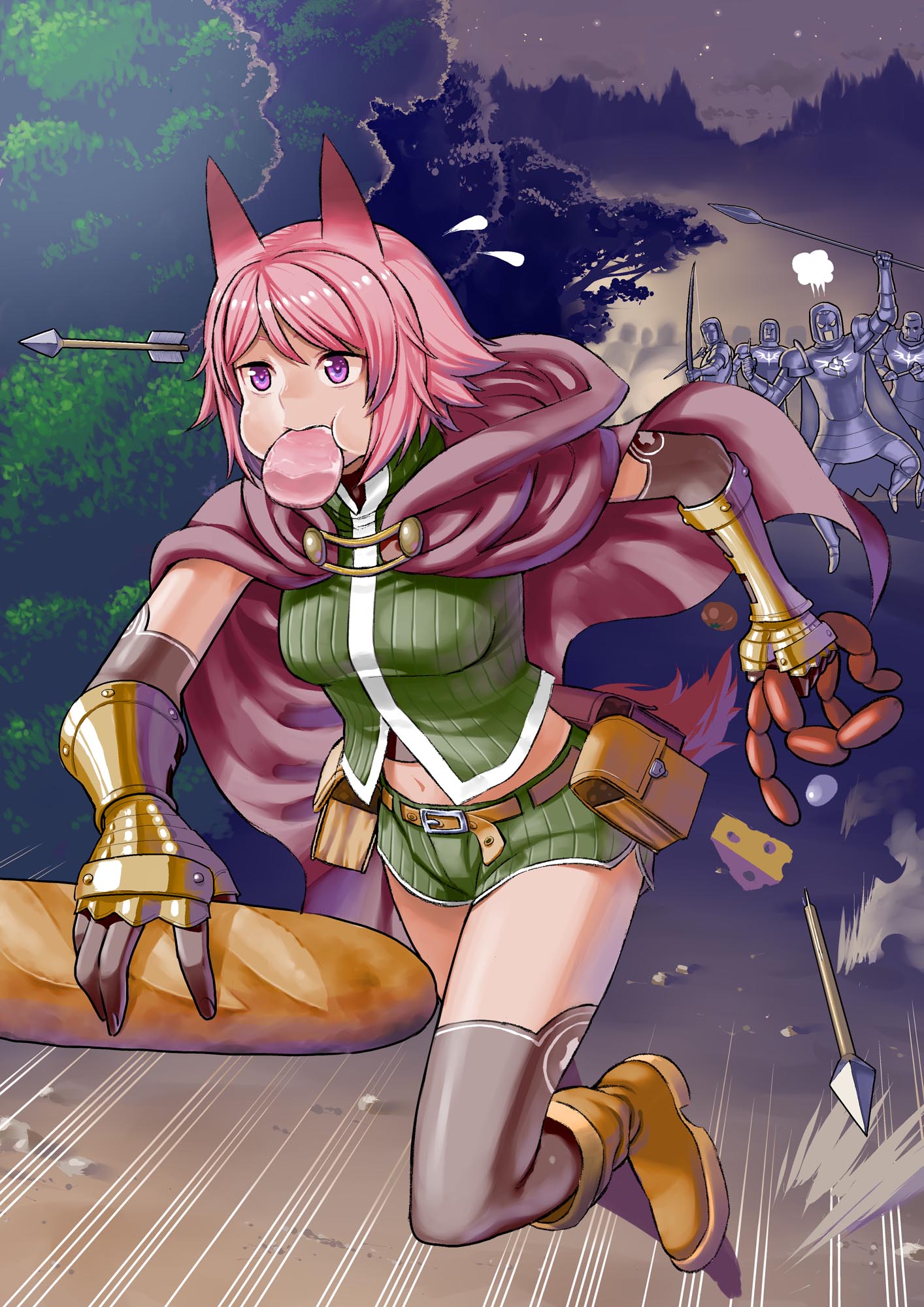1girl 4boys angry animal_ears armor arrow belt black_legwear boots bow_(weapon) bread bread_loaf chasing cheese elbow_gloves food food_in_mouth gauntlets gloves highres midriff multiple_boys navel pink_hair polearm running sausage short_hair short_shorts shorts spear thigh-highs tree umaguti violet_eyes weapon