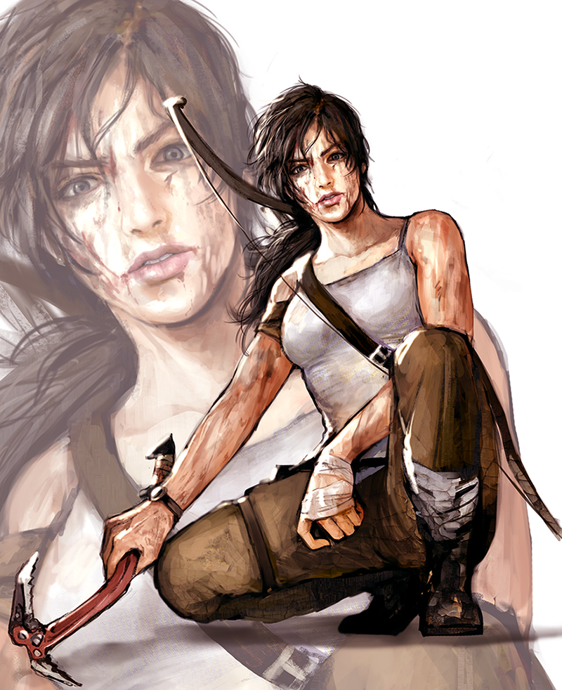 1girl bandages bow_(weapon) brown_hair dirty ice_axe lara_croft lips long_hair nareuk pixiv_tomb_raider_contest realistic solo squatting tank_top tomb_raider weapon zoom_layer