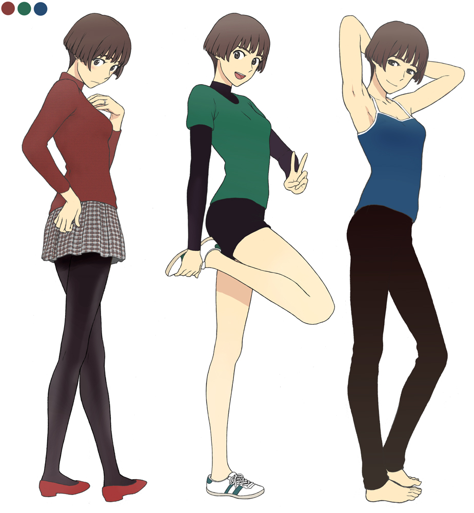 1girl arms_behind_head barefoot black_legwear bob_cut brown_hair color_guide crossed_legs frown gake_no_ue_no_ponyo jas light_smile pleated_skirt risa_(ponyo) shoes shorts simple_background sitting skirt smile sneakers solo standing standing_on_one_leg studio_ghibli turtleneck white_background