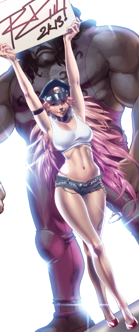 1boy 1girl armlet arms_up bare_legs black_hair breasts chain choker cuffs denim denim_shorts dutch_angle final_fight handcuffs hat height_difference high_heels hugo_andore large_breasts lips long_hair long_legs muscle navel peaked_cap pink_hair poison_(final_fight) robaato round_girl shoes shorts sign size_difference smile street_fighter street_fighter_iii tank_top very_long_hair