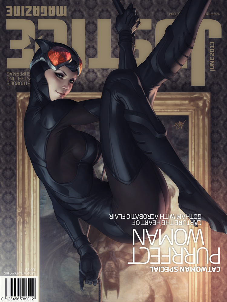 1girl barcode batman batman_(series) boots breasts catsuit catwoman cover dc_comics goggles grin magazine_cover painting_(object) smile solo stanley_lau upside-down