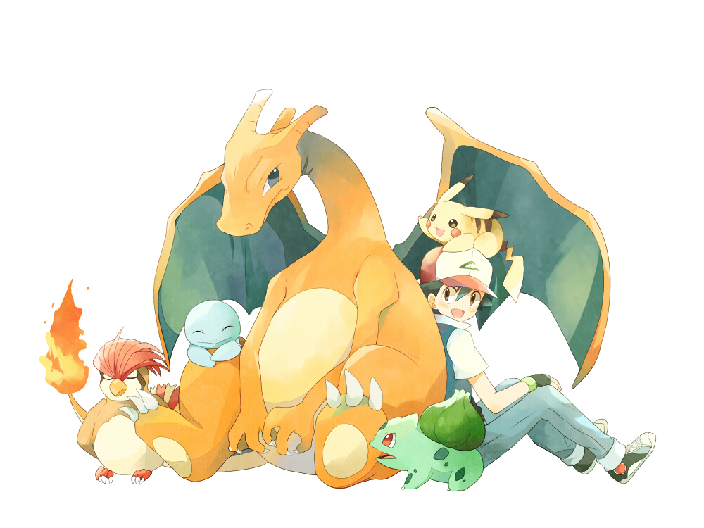 1boy baseball_cap black_hair bulbasaur charizard dragon fingerless_gloves fire gloves hat jacket jeans mei_(maysroom) pidgeotto pikachu pokemon pokemon_(anime) pokemon_(creature) satoshi_(pokemon) satoshi_(pokemon)_(classic) shoes sneakers squirtle t-shirt wing_collar