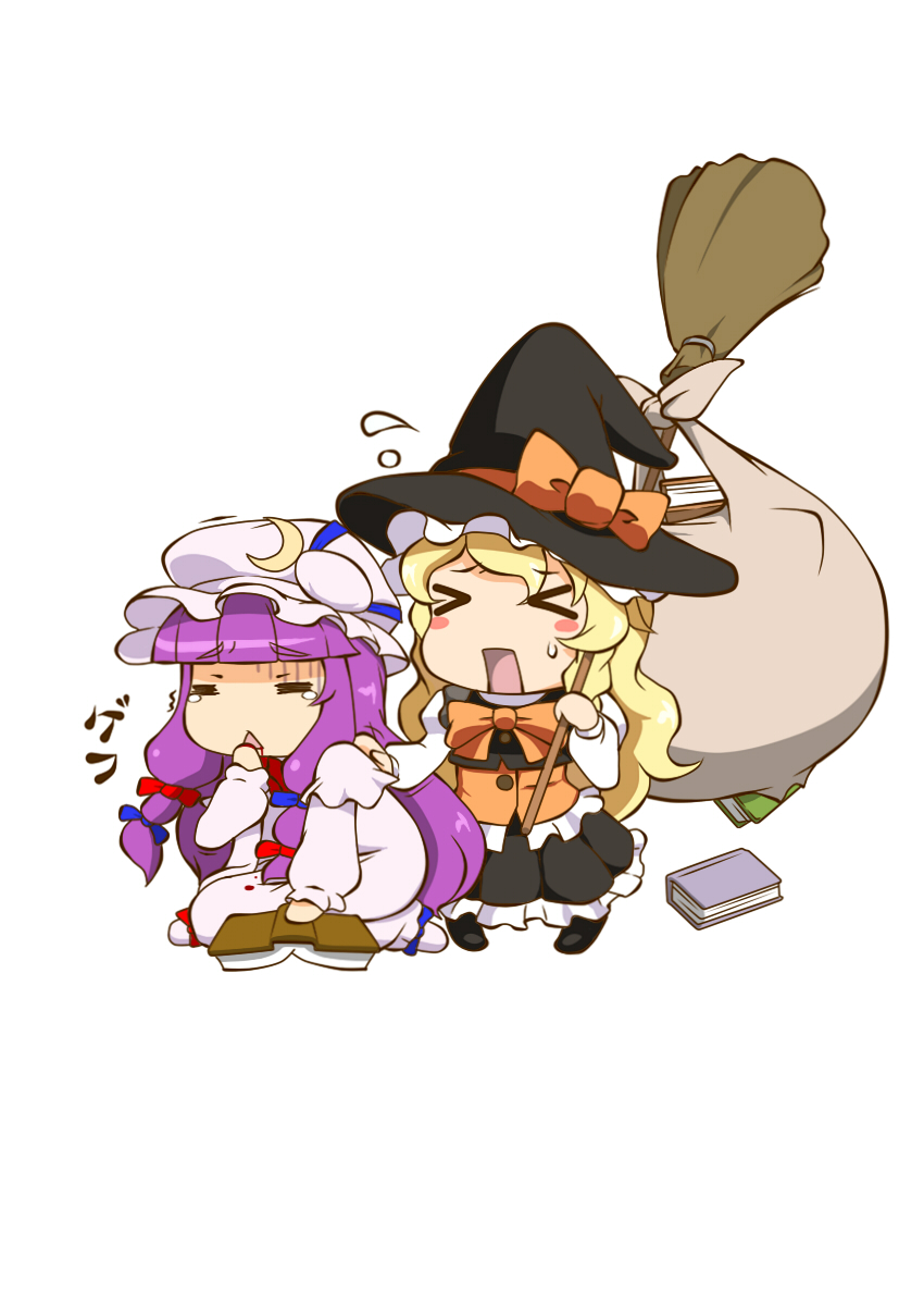 2girls bag blonde_hair blood book broom chibi dress highres kirisame_marisa long_hair miyabi_(miura105) multiple_girls patchouli_knowledge purple_hair touhou white_background