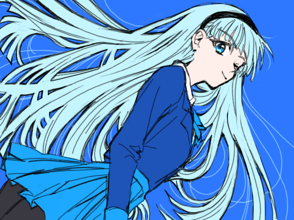 1girl abesi29 blazer blue blue_background blue_hair dutch_angle floating_hair hairband long_hair magic_knight_rayearth pleated_skirt ryuuzaki_umi school_uniform skirt solo wink