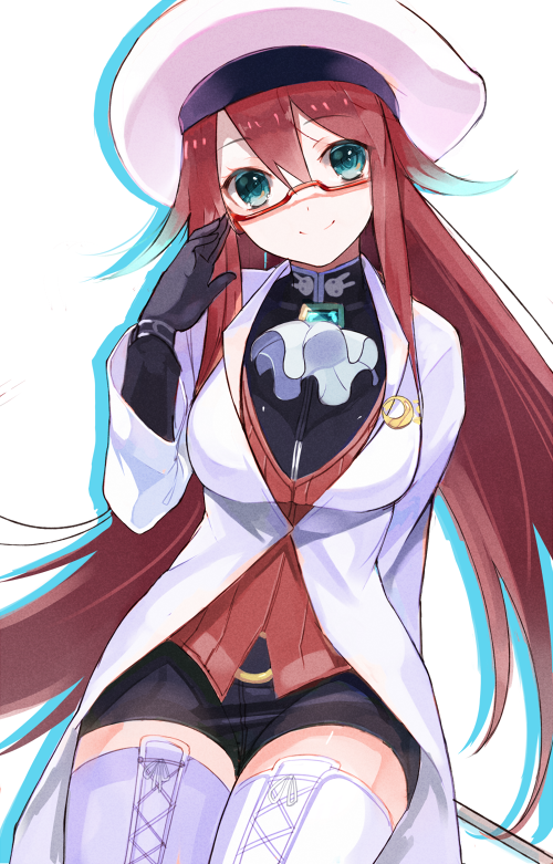 1girl aqua_eyes ascot boots character_request crescent cross-laced_footwear glasses hat long_hair red-framed_glasses redhead short_shorts shorts smile solo thigh-highs thigh_boots yuraiko