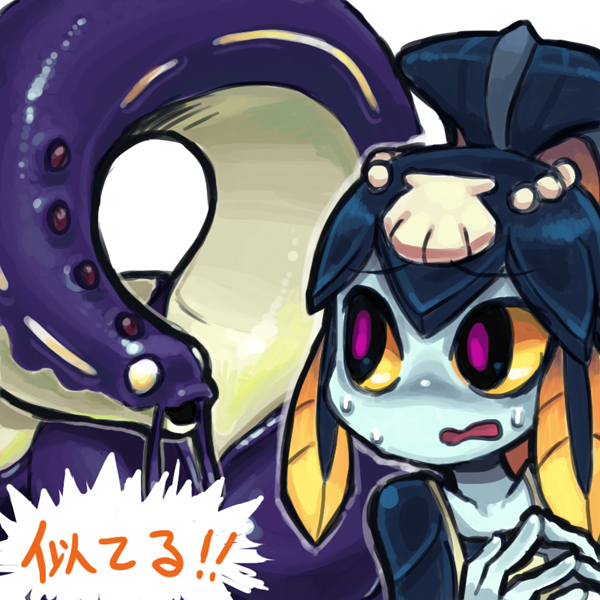 1girl apron bangs blue_skin blunt_bangs character_request eel fish_girl hair_ornament kimura_senri minette_(skullgirls) monster_girl pink_eyes shell skullgirls sweatdrop translation_request yellow_sclera