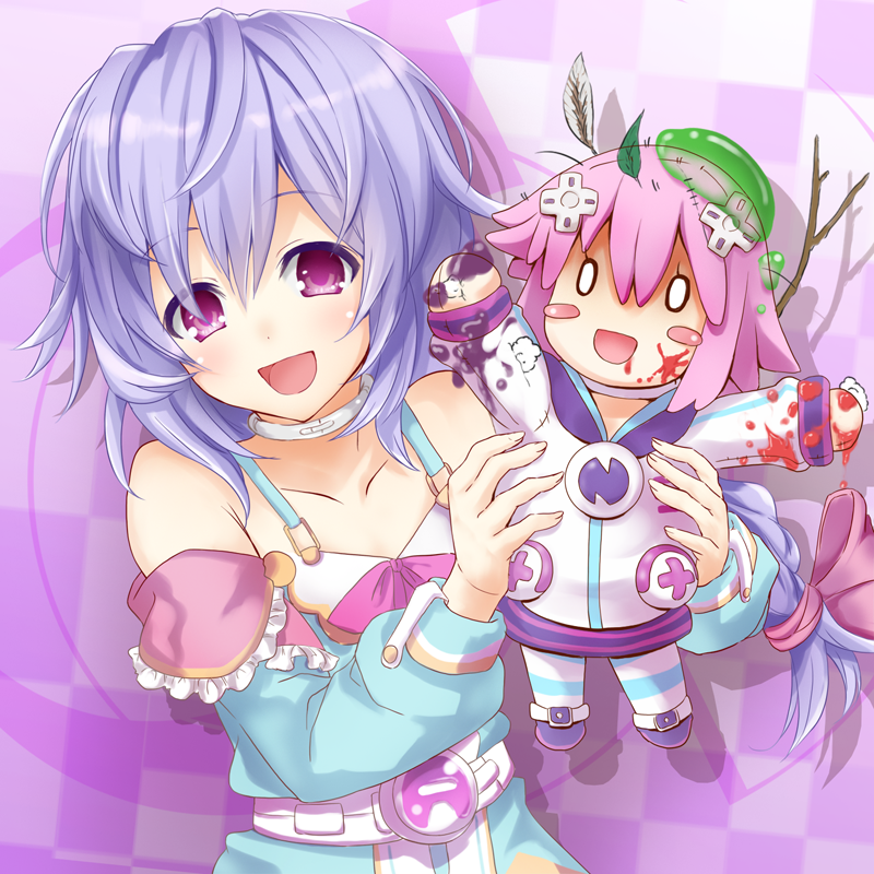 1girl :d anti_(untea9) bare_shoulders blush_stickers bow braid character_doll choujigen_game_neptune collar d-pad flat_chest hair_bow happy holding kami_jigen_game_neptune_v lavender_hair long_hair looking_at_viewer neptune_(choujigen_game_neptune) o_o open_mouth purple_hair pururut slime smile solo violet_eyes