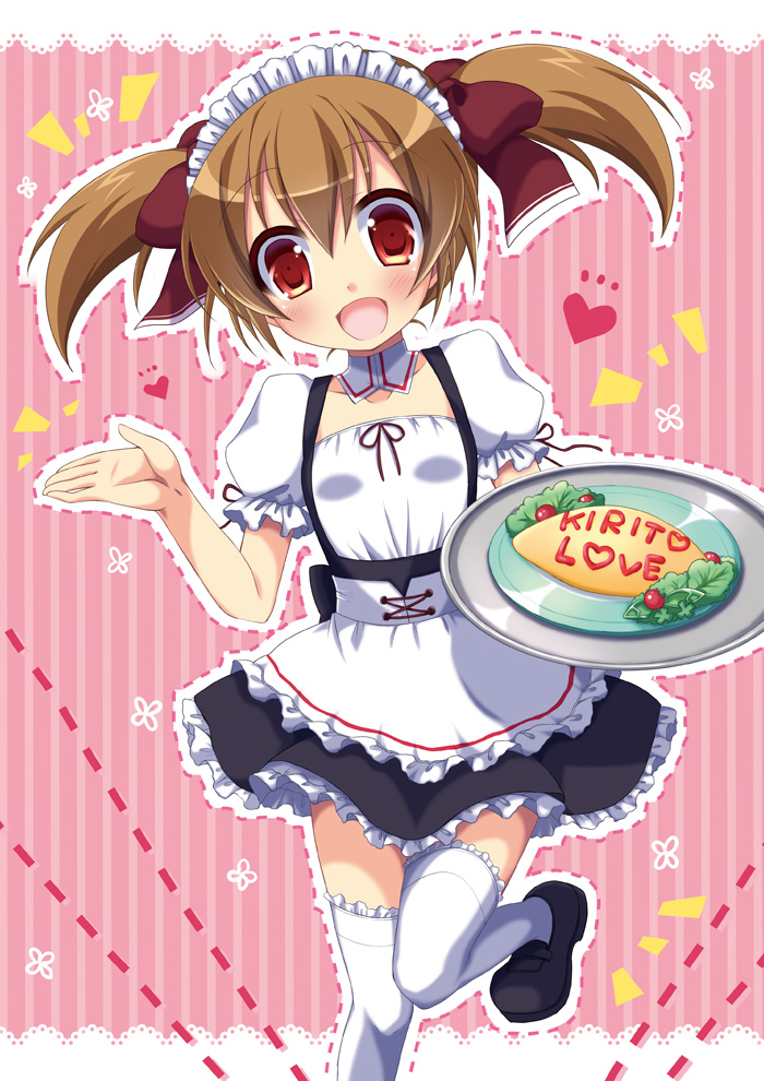 1girl brown_hair maid red_eyes short_twintails silica sword_art_online thigh-highs tougo tray twintails waitress