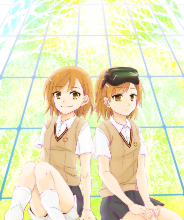 2girls brown_eyes brown_hair hair_ornament hairpin head_mounted_display misaka_imouto misaka_mikoto multiple_girls sayasama school_uniform skirt to_aru_kagaku_no_railgun to_aru_majutsu_no_index