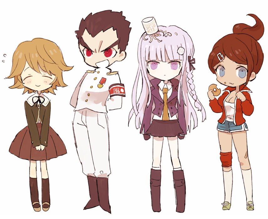 2boys 2girls asahina_aoi_(dangan-ronpa) blue_eyes boots chibi closed_eyes dangan_ronpa doughnut eating expressionless food fujisaki_chihiro ishimaru_kiyotaka kirigiri_kyouko kneehighs multiple_boys multiple_girls noodles ponytail ramen red_eyes shorts skirt smile soto trap uniform violet_eyes