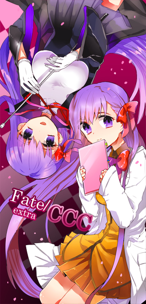 2girls bb_(fate/extra_ccc) book breasts fate/extra fate/extra_ccc fate_(series) gloves hair_ribbon large_breasts long_hair matou_sakura multiple_girls orbe purple_hair ribbon switch title_drop very_long_hair violet_eyes