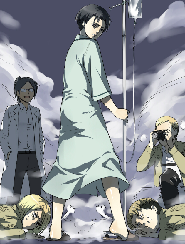 2girls 3boys auruo_bossard black_eyes black_hair camera erd_gin erwin_smith hanji_zoe hospital_gown intravenous_drip levi_(shingeki_no_kyojin) petra_ral shingeki_no_kyojin shiromi_(ringo)