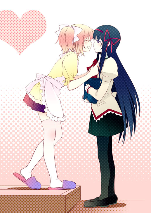 2girls akemi_homura apron black_hair black_legwear blush closed_eyes hair_ribbon hairband holding kaname_madoka loafers long_hair mahou_shoujo_madoka_magica multiple_girls open_mouth pantyhose pink_hair pleated_skirt ribbon school_uniform shoes short_hair short_twintails skirt slippers tama_two_(fukuya) twintails violet_eyes white_legwear