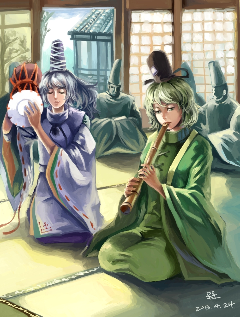 2girls 3boys blush closed_eyes dress drum flute green_dress green_eyes green_hair grey_hair hat highres instrument japanese_clothes kariginu lips lleu long_hair mononobe_no_futo multiple_boys multiple_girls playing ponytail ribbon shakuhachi short_hair silver_hair sitting smile soga_no_tojiko tate_eboshi touhou