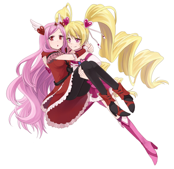 2girls arms_around_neck black_legwear blonde_hair carrying couple cure_passion cure_peach fresh_precure! higashi_setsuna hug long_hair marblewars momozono_love multiple_girls pantyhose pink_eyes pink_hair precure princess_carry red_eyes simple_background smile twintails white_background yuri
