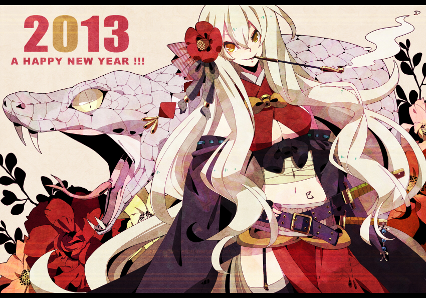 1girl 2013 belt breasts cleavage fangs flower forked_tongue garter_straps hair_flower hair_ornament hand_on_hip happy_new_year large_breasts long_hair merlusa midriff navel new_year open_mouth parted_lips pipe sarashi slit_pupils smile smoke snake sword thigh-highs tongue very_long_hair weapon yellow_eyes