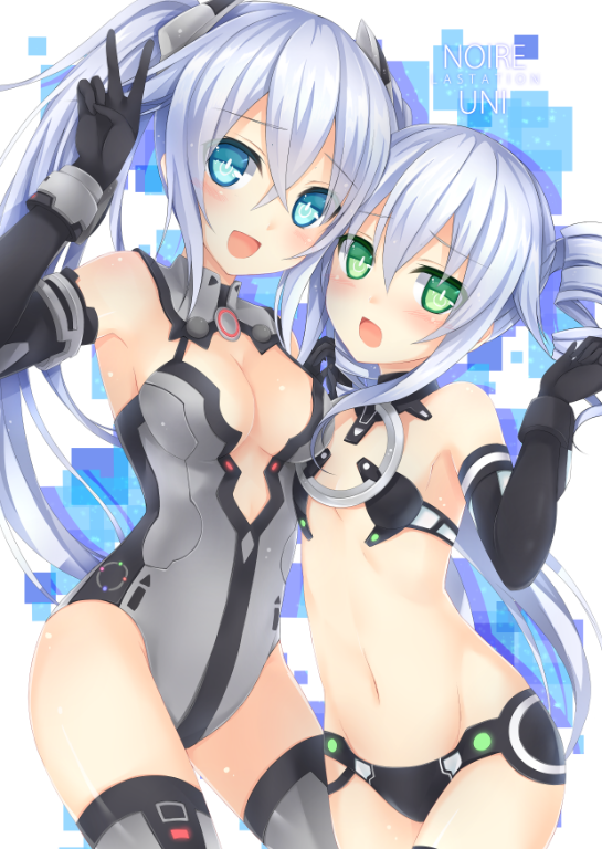 bare_shoulders black_gloves black_heart black_legwear black_sister blush breasts choujigen_game_neptune cleavage drill_hair elbow_gloves flat_chest gloves green_eyes kaguyuu long_hair looking_at_viewer navel noire open_mouth silver_hair smile thigh-highs twin_drills twintails uni_(choujigen_game_neptune) v