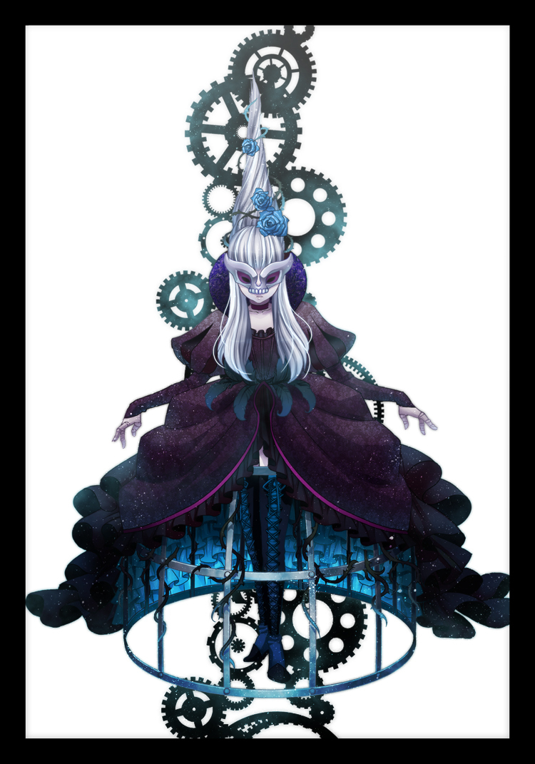 1girl blue_rose boots cage doll_joints dress flower mask odile pixiv_automata rinko_(mg54) rose silver_hair solo vines