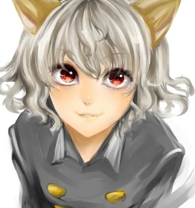 1boy animal_ears black_clothes cat_ears curly_hair grey_hair hunter_x_hunter looking_at_viewer mikan_(mikataaaa) nefelpitou red_eyes smile solo