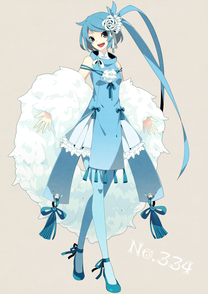 1girl altaria bare_shoulders blue_hair flower grey_eyes hair_flower hair_ornament hair_ribbon highres merlusa open_mouth personification pokemon ribbon short_hair simple_background smile solo tagme