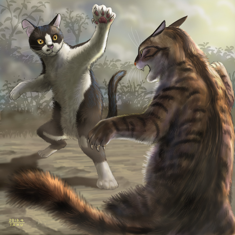 animal_ears cat cat_ears cat_tail claws fang fighting fighting_stance matataku monita_(matataku) open_mouth original posing realistic tail