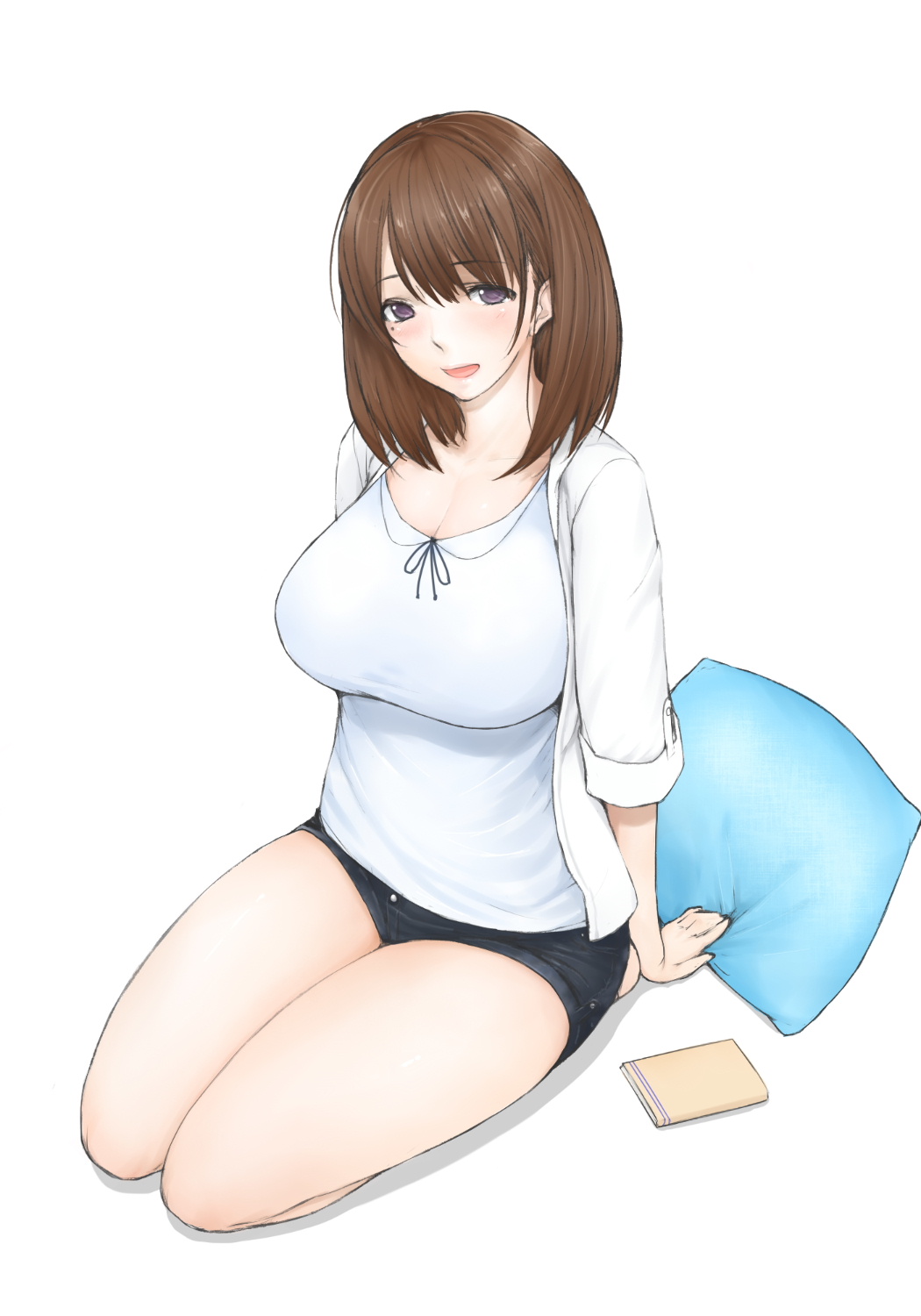 1girl anegasaki_nene breasts brown_eyes brown_hair denim denim_shorts highres large_breasts libre looking_at_viewer love_plus mole pillow seiza shorts simple_background sitting solo white_background