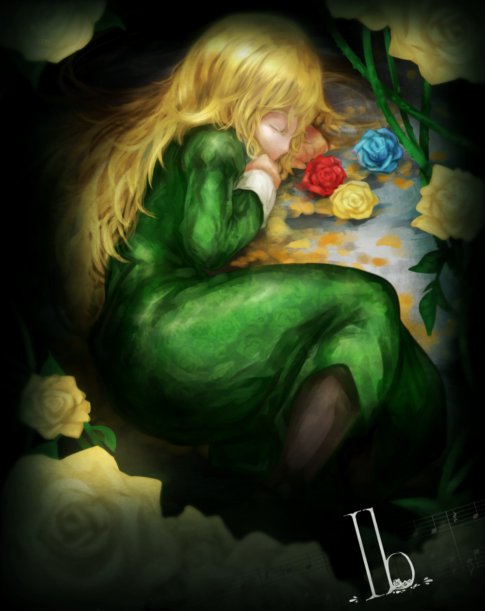 1girl blonde_hair blue_rose closed_eyes dress flower highres ib long_hair mary_(ib) mimit musical_note petals red_rose rose sleeping solo title_drop yellow_rose
