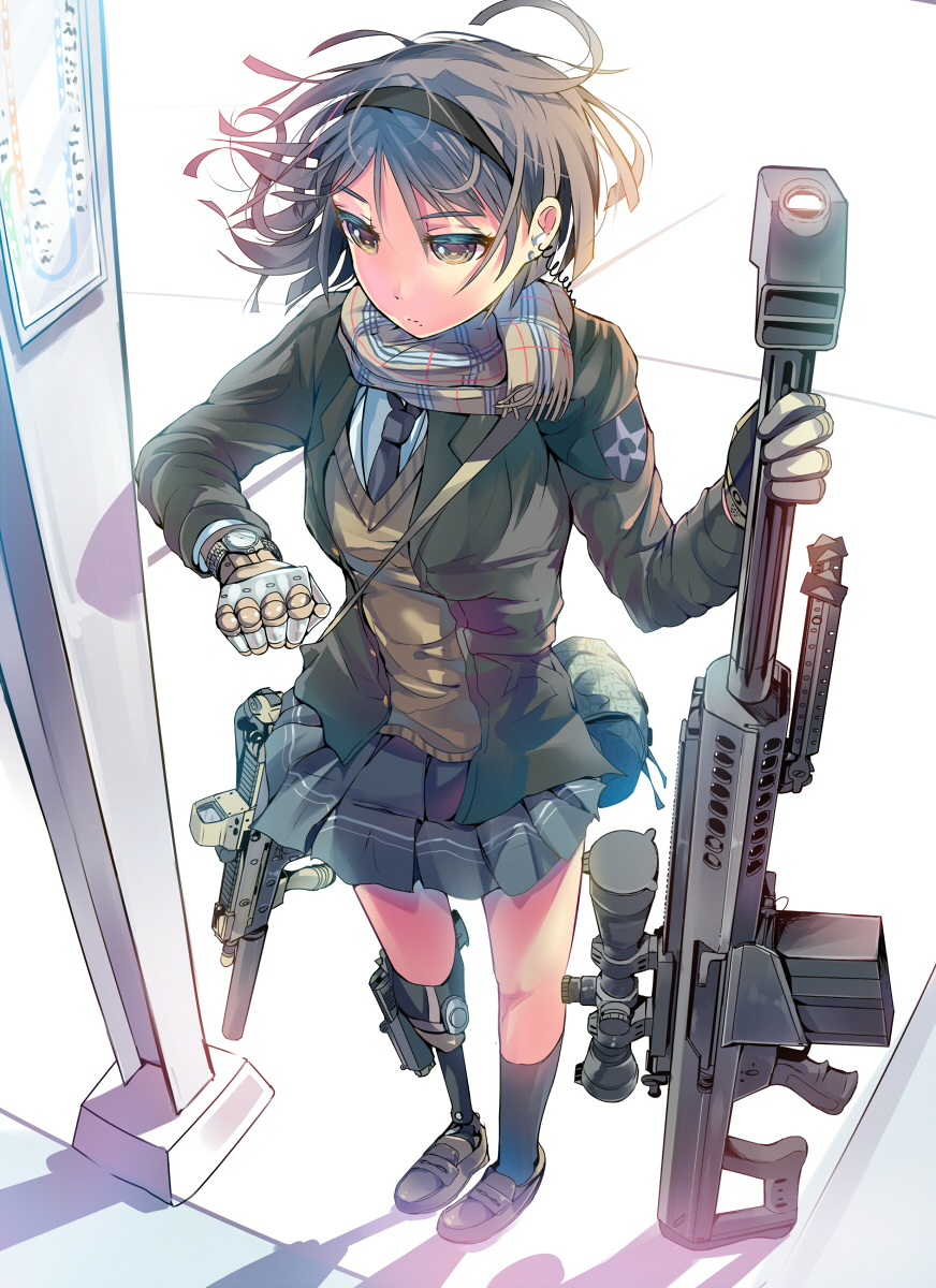 1girl anti-materiel_rifle barrett barrett_m82 blazer brown_hair daito gloves gun hairband highres leg_strap multiple_weapons necktie original rifle scarf school_uniform scope short_hair skirt sniper_rifle solo sweater_vest weapon