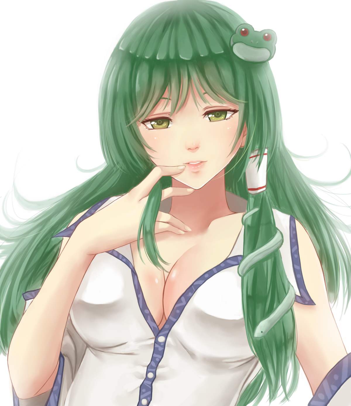 1girl bare_shoulders breasts cleavage finger_to_mouth frog_hair_ornament green_eyes green_hair hair_ornament highres japanese_clothes kochiya_sanae large_breasts lips long_hair miko snake_hair_ornament solo touhou white_background x&amp;x&amp;x