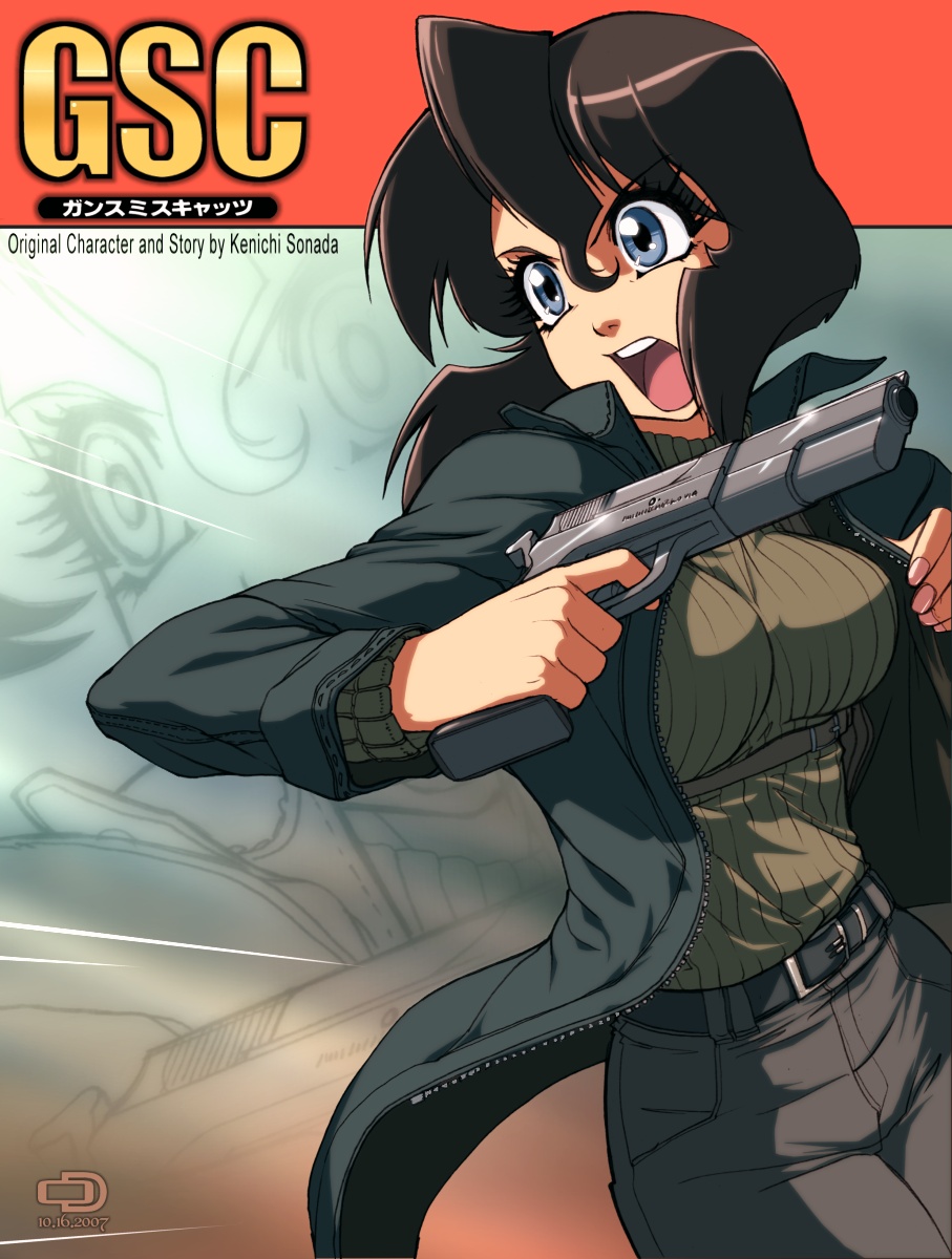 1girl armpit_holster blue_eyes bob_cut breasts brown_hair gun gunsmith_cats highres holster large_breasts nail_polish omar_dogan open_clothes open_coat open_mouth pistol rally_vincent ribbed_sweater short_hair solo sweater unzipped weapon zoom_layer