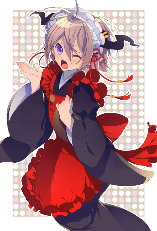 1boy amnesia_(idea_factory) apron brown_hair goroo horns open_mouth orion_(amnesia) pointy_ears short_hair solo unmoving_pattern violet_eyes wink