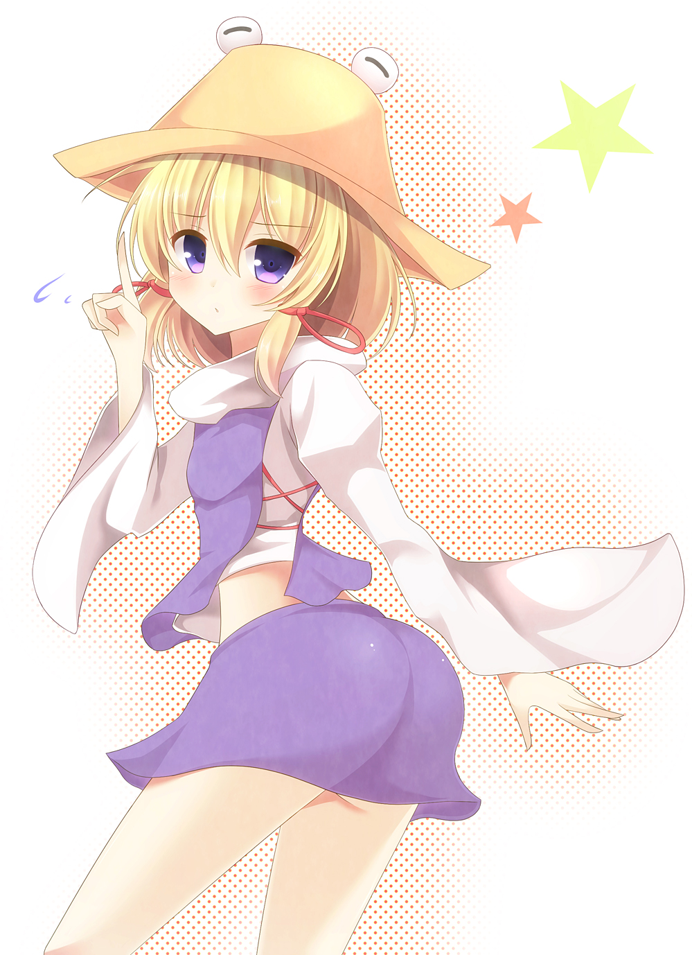 1girl ass blonde_hair hair_ribbon halftone halftone_background hat highres long_sleeves looking_at_viewer midriff moriya_suwako pen-zin ribbon shirt skirt skirt_set solo star touhou turning vest violet_eyes wide_sleeves