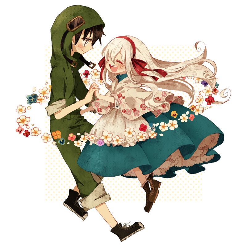 1boy 1girl black_hair closed_eyes couple dancing dress flower happy hoodie kagerou_project long_hair madalshimo mary_(kagerou_project) seto_(kagerou_project) short_hair silver_hair smile souzou_forest_(vocaloid)