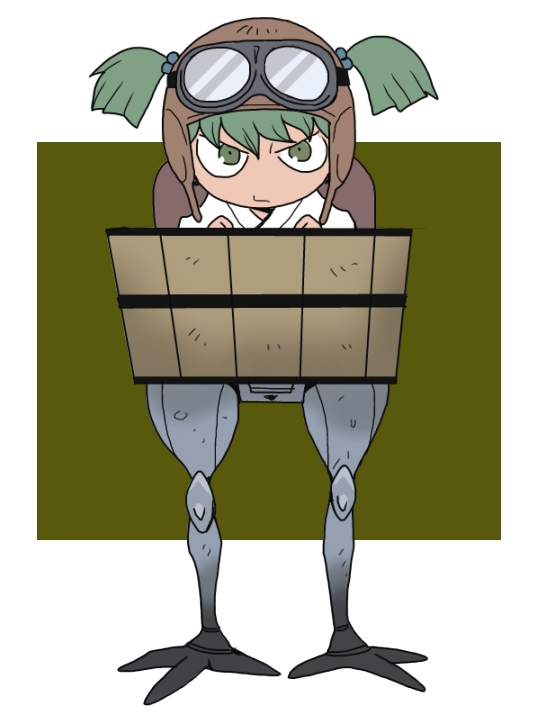 1girl bigdog bucket goggles_on_hat green_eyes green_hair hair_bobbles hair_ornament helmet in_bucket in_container japanese_clothes kimono kisume looking_at_viewer mechanical_legs onikobe_rin solo touhou twintails yukata