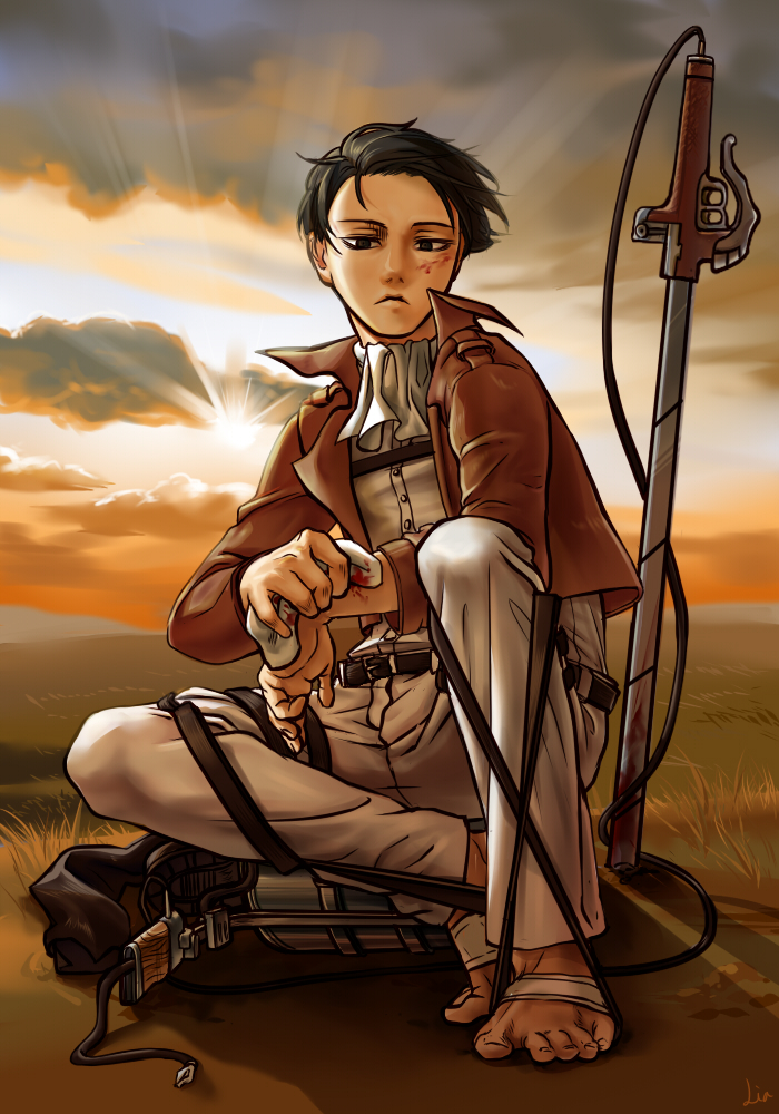 1boy ascot barefoot belt black_eyes black_hair blood clouds expressionless flat_gaze handkerchief jacket lia_oh planted_sword planted_weapon rivaille shingeki_no_kyojin solo sword weapon