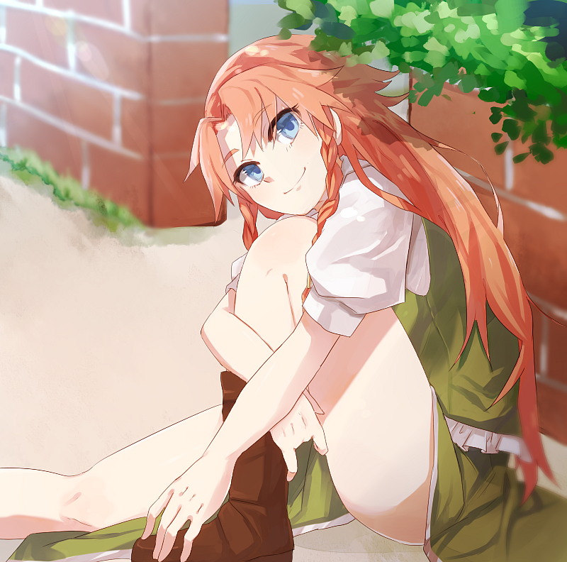 1girl against_wall blue_eyes boots braid hong_meiling leg_hug long_hair looking_at_viewer migihidari_(puwako) puffy_sleeves redhead shirt short_hair sitting skirt skirt_set smile solo touhou twin_braids very_long_hair vest wall