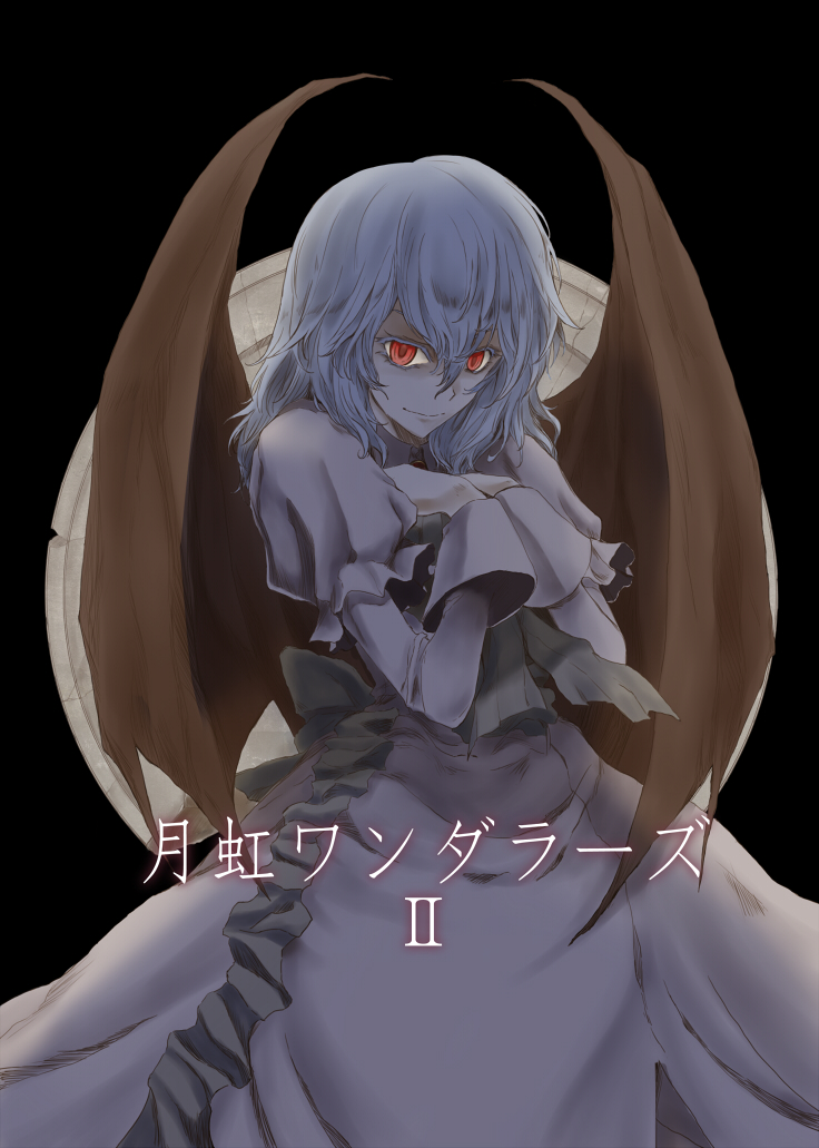 1girl black_background blue_hair cover cover_page dark hibino_nozomu no_hat no_headwear red_eyes remilia_scarlet short_hair slit_pupils solo touhou translation_request vampire