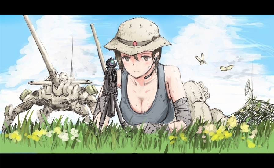 1girl artillery bipod boonie_hat breasts brown_eyes brown_hair butterfly cannon cleavage clouds gloves grass gun hat headset letterboxed mecha military military_uniform original radio_antenna scope soldier sweat tank_top uniform weapon yrafy