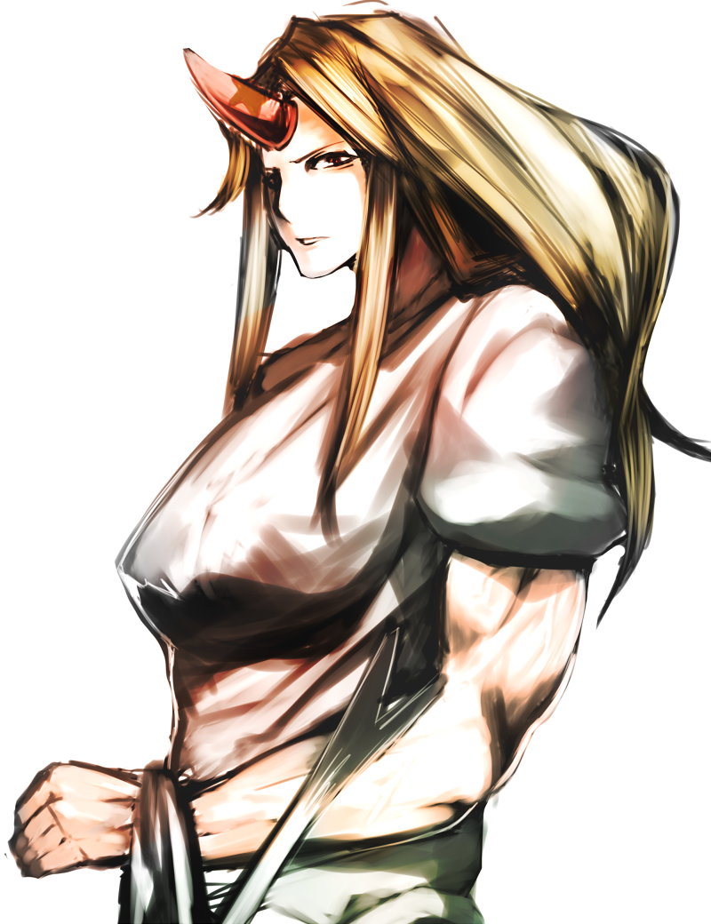 1girl blonde_hair horn hoshiguma_yuugi long_hair side solo t-shirt tanpoponagata touhou white_background