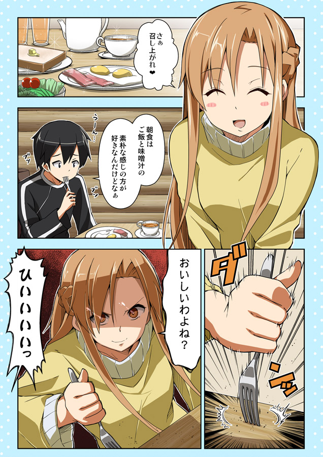 asuna_(sao) comic food fork kirito rioshi sword_art_online translation_request yuuki_asuna