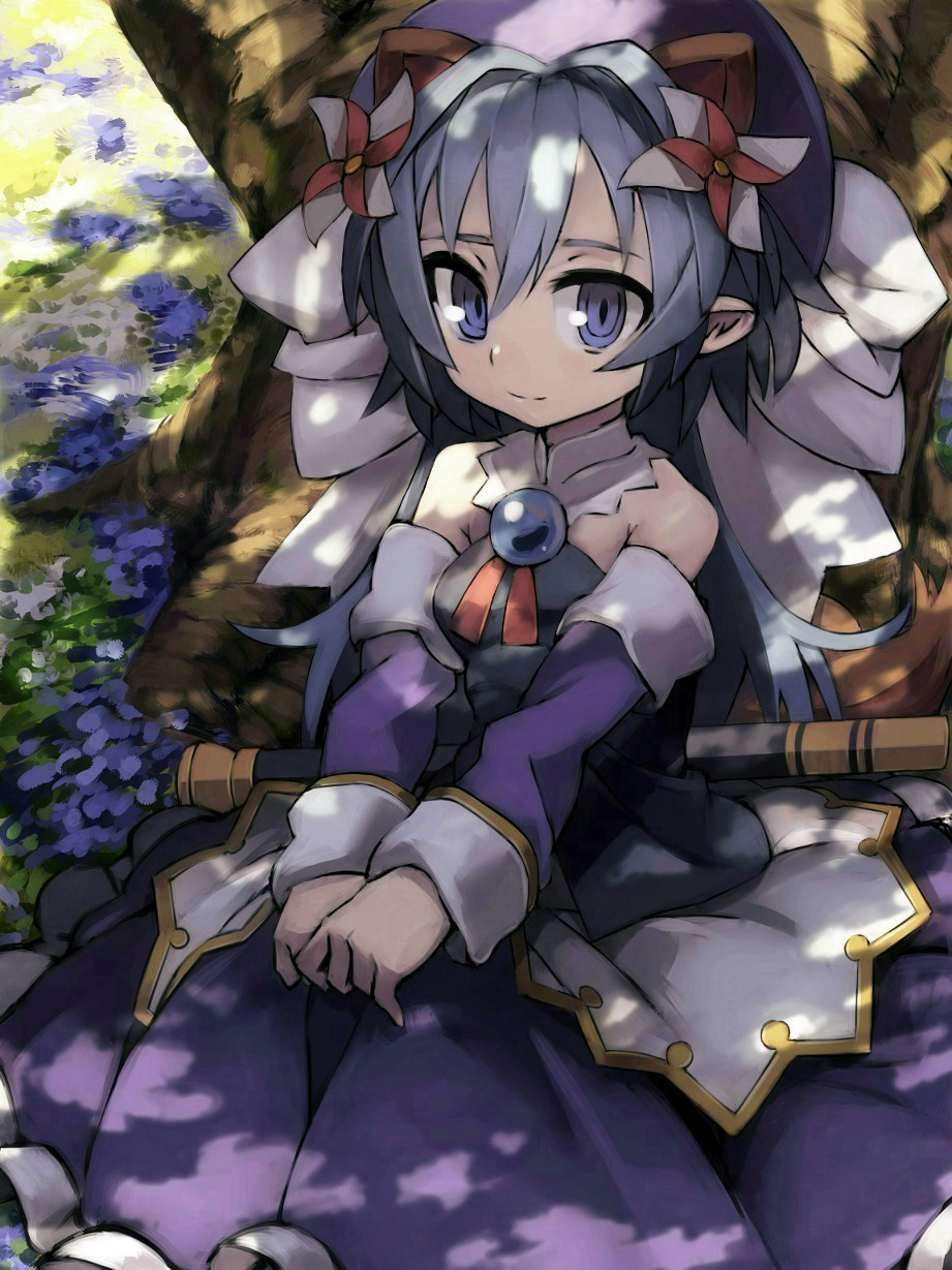 1girl animal_ears bare_shoulders blue_eyes blue_hair bow brooch dress_pull extra_ears flower hair_ornament hat highres jewelry long_hair looking_at_viewer matsuhime_mujina pinwheel pointy_ears ppopar raccoon_ears shadow shinrabanshou sitting solo tail tree v_arms