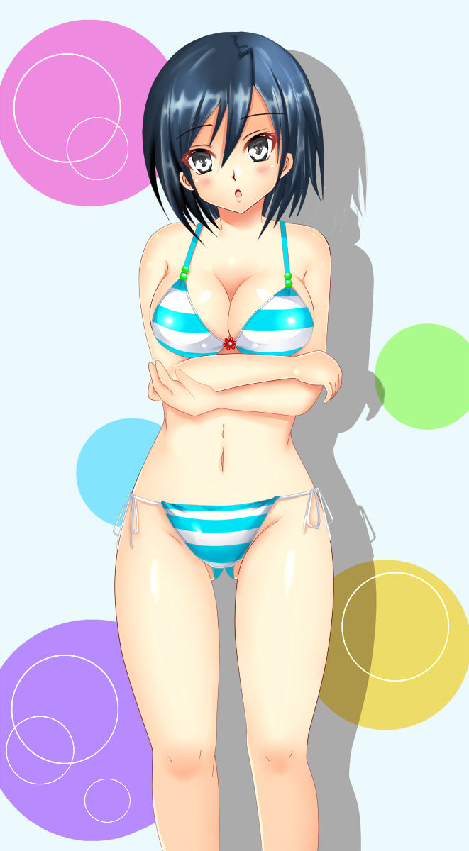 1girl bikini black_eyes black_hair breasts cleavage highres mikasa_ackerman shiguko shingeki_no_kyojin short_hair solo striped striped_bikini striped_swimsuit swimsuit