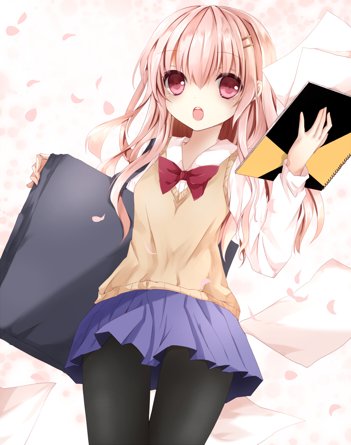 1girl bag black_legwear blonde_hair bow hair_ornament hairclip long_hair long_sleeves nanase_nao open_mouth original pantyhose paper petals pink_eyes pleated_skirt school_uniform shirt shoulder_bag skirt solo vest