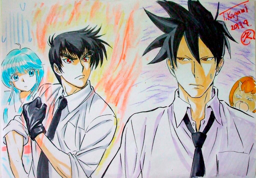 akutabe azazel black_hair blue_eyes blue_hair crossover gloves jigoku_sensei_nube kagami_takahiro marker_(medium) necktie nueno_meisuke red_eyes solo sweatdrop traditional_media yondemasuyo_azazel-san yukime