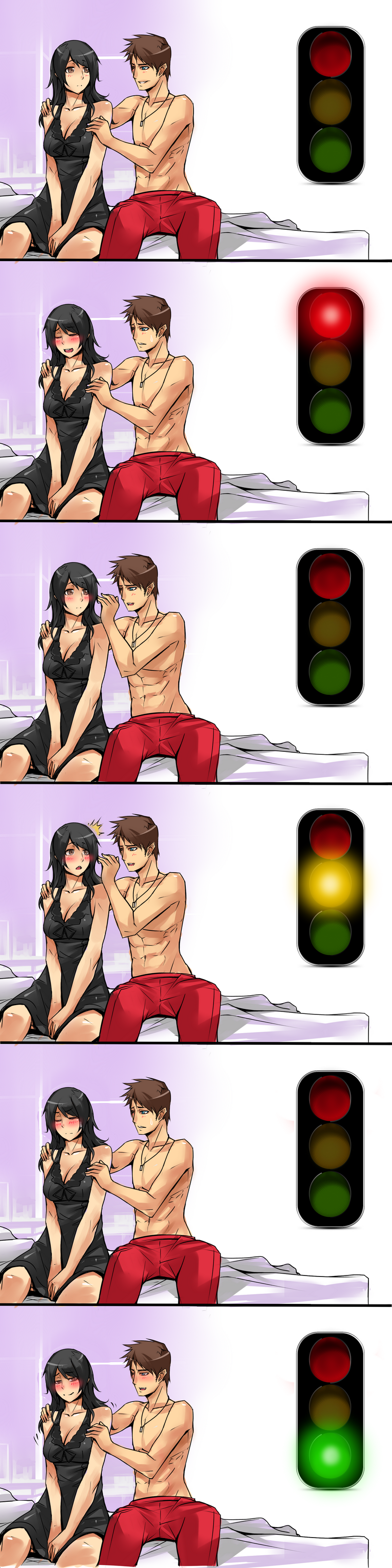 /\/\/\ 1boy 1girl absurdres bed black_hair blue_eyes blush breasts brown_eyes brown_hair cleavage closed_eyes comic couple hetero highres jewelry kuma_x large_breasts light_smile long_hair long_image necklace nightgown original shirtless silent_comic sitting sweatdrop tall_image traffic_light