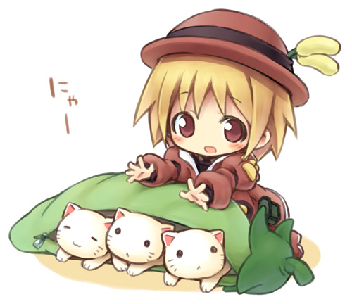 aikei_ake blonde_hair brown_eyes cat child coat hat lowres original pea_pod short_hair