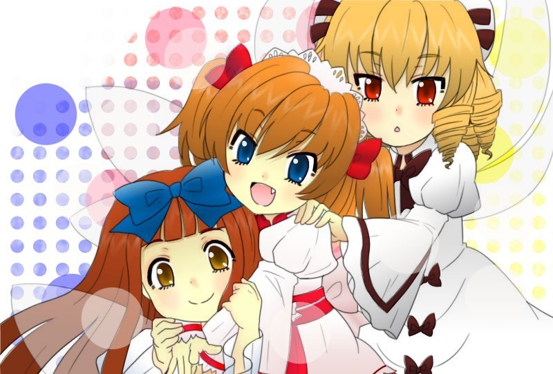 3girls :o arm_grab blonde_hair blue_eyes bow brown_hair dress drill_hair fairy_wings fang hair_bow hand_on_another's_shoulder hat headdress hug hug_from_behind juliet_sleeves long_sleeves looking_at_viewer luna_child multiple_girls open_mouth polka_dot polka_dot_background puffy_sleeves red_eyes redhead simple_background star_sapphire sunny_milk torika touhou twintails white_background wings yellow_eyes