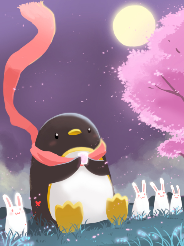 :3 bird full_moon grass moon night no_humans original penguin penguinking rabbit scarf sitting tree