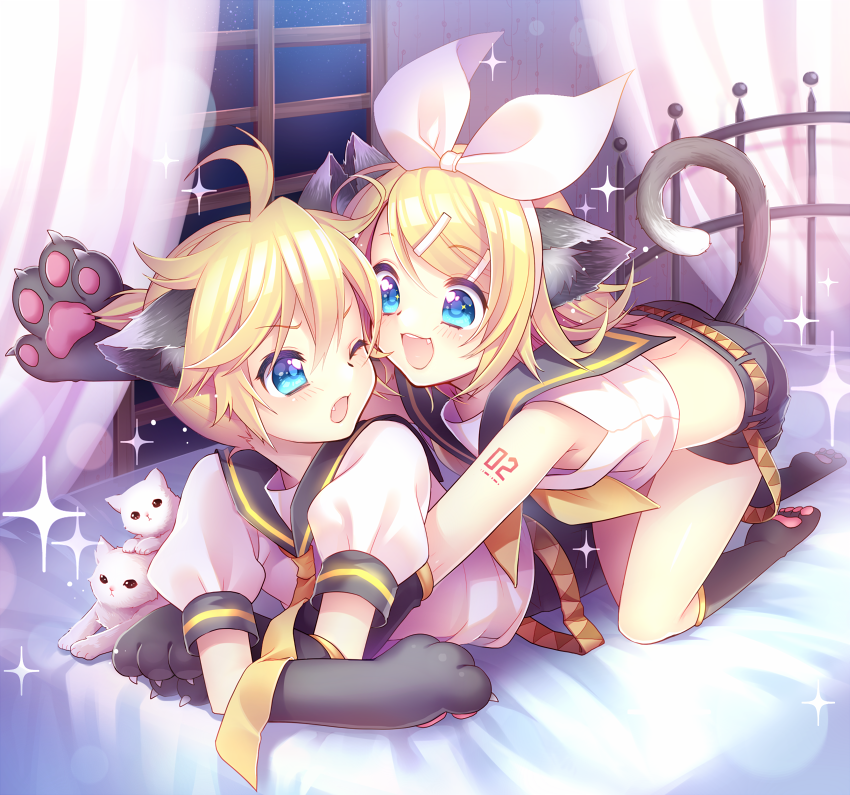 1boy 1girl ahoge all_fours animal_ears bed bed_sheet blonde_hair blue_eyes cat cat_ears claws curtains fang hair_ornament hair_ribbon hairclip indoors kagamine_len kagamine_rin masaru.jp necktie on_stomach paws ribbon sailor_collar short_hair shorts tail twins vocaloid white_cat window wink