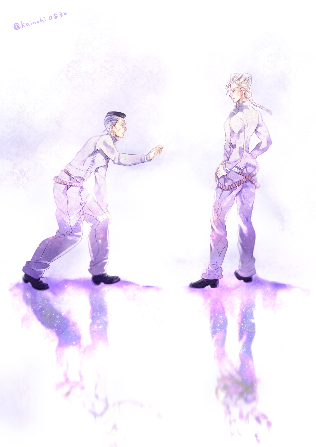 2boys belt blonde_hair braid brothers facial_mark gakuran hand_on_own_knee hands_on_hips highres jojo_no_kimyou_na_bouken kintoki_(sena0830) lavender_hair male_focus multicolored_hair multiple_boys nijimura_keichou nijimura_okuyasu pompadour school_uniform siblings single_braid twitter_username two-tone_hair white_hair